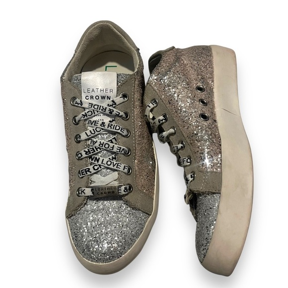 Leather Crown Glitter Sneakers Womens 38 Gray Rose Lace Up Low Top - Picture 2 of 8